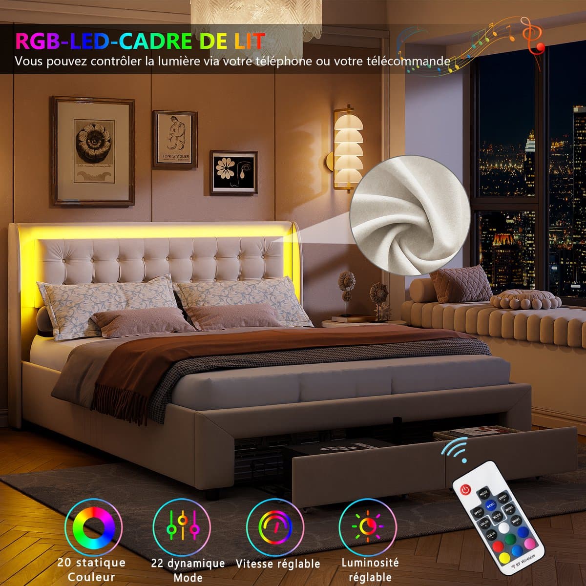 Gasveerbed met LED-verlichting in het hoofdbord, met lades en opbergruimte onder het bed, modern design, 180x200 cm – Beige thumbnail 7