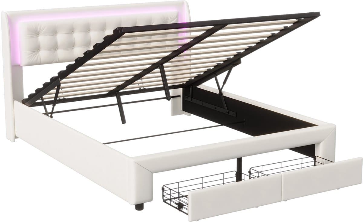 Gasveerbed met LED-verlichting in het hoofdbord, met lades en opbergruimte onder het bed, modern design, 180x200 cm – Beige thumbnail 5