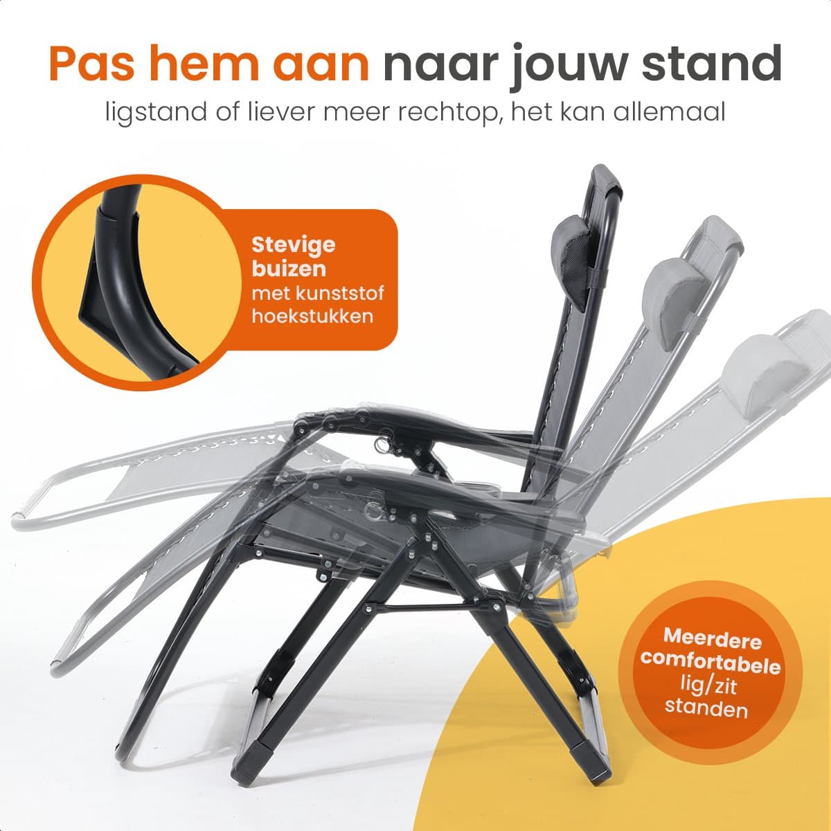 Goliving Opvouwbare Ligstoel - 3 Standen - 110 x 66 x 178 cm - Verstelbare Tuinstoel met Tafel - Inklapbare Campingstoel - Loungestoel Buiten - Vouwstoel Tuin - Zwart thumbnail 5