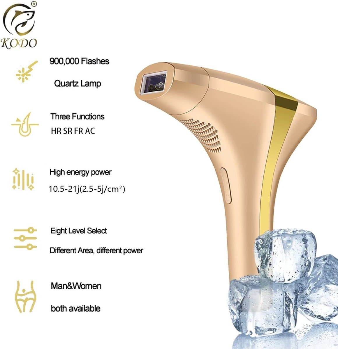 HFL Goods IPL Laserontharing - Epilator - Permanente Ontharing - Huidverbetering - Sterilisatie Bij Acne - Gekoelde Kop - Icy Feeling - Goudkleurig thumbnail 4