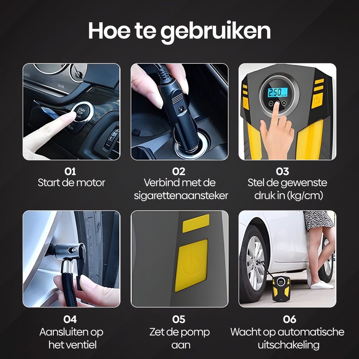 Olvy Compressor Bandenpomp - Luchtcompressor 12V - Elektrische Bandenpomp - Fiets/Auto/Motor/Bal/Luchtbed - Met 4 Opzet Stukken thumbnail 3