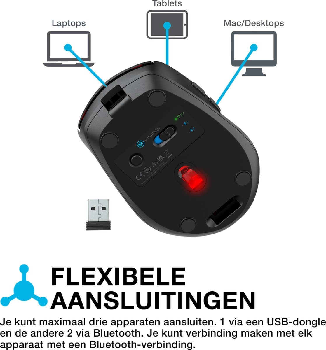 JLab Go Charge Computermuis - Bluetooth Muis Draadloos - Multipoint - Verbindt met 3 apparaten tegelijk - Met Dongle – USB C Oplaadbaar – Stille Clicks thumbnail 6