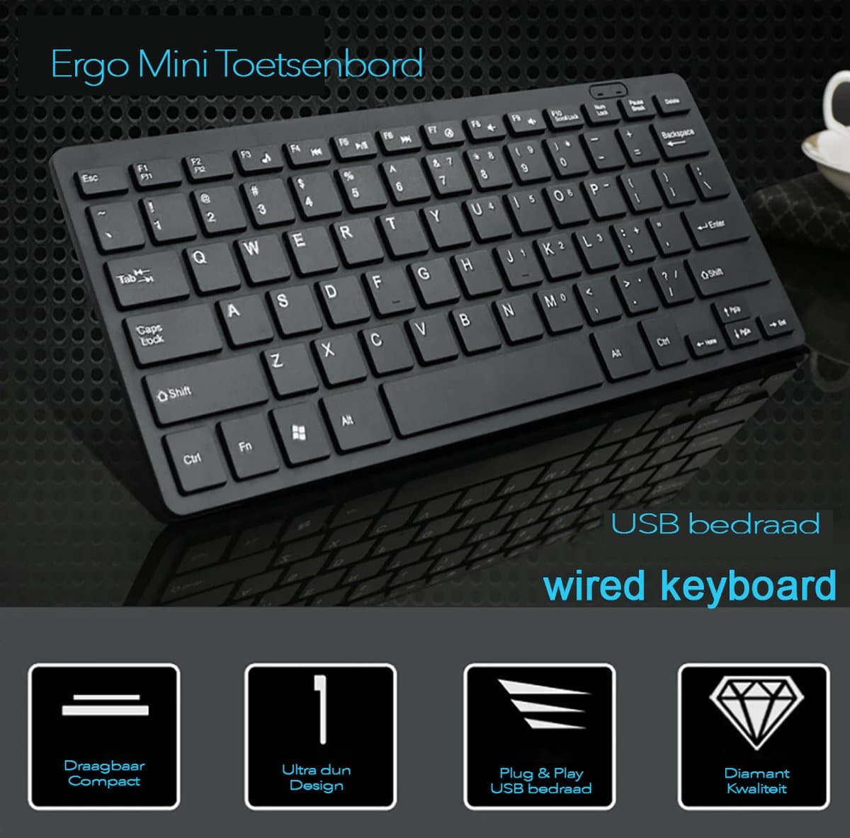 K001 Mini Toetsenbord, QWERTY (US), Ergonomisch en Ultradun, Zwart, Met draad, USB aansluiting, Mac + Windows thumbnail 5