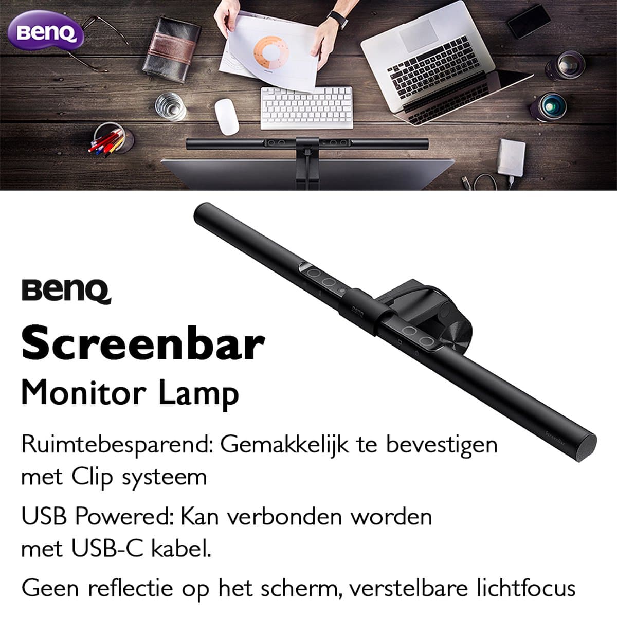 BenQ Screenbar Monitor Lamp - Dimbare LED bureaulamp - USB - Klemlamp met Touch Bediening - Instelbare kleurtemperatuur - Lichtsensor - 45cm - Zwart thumbnail 3