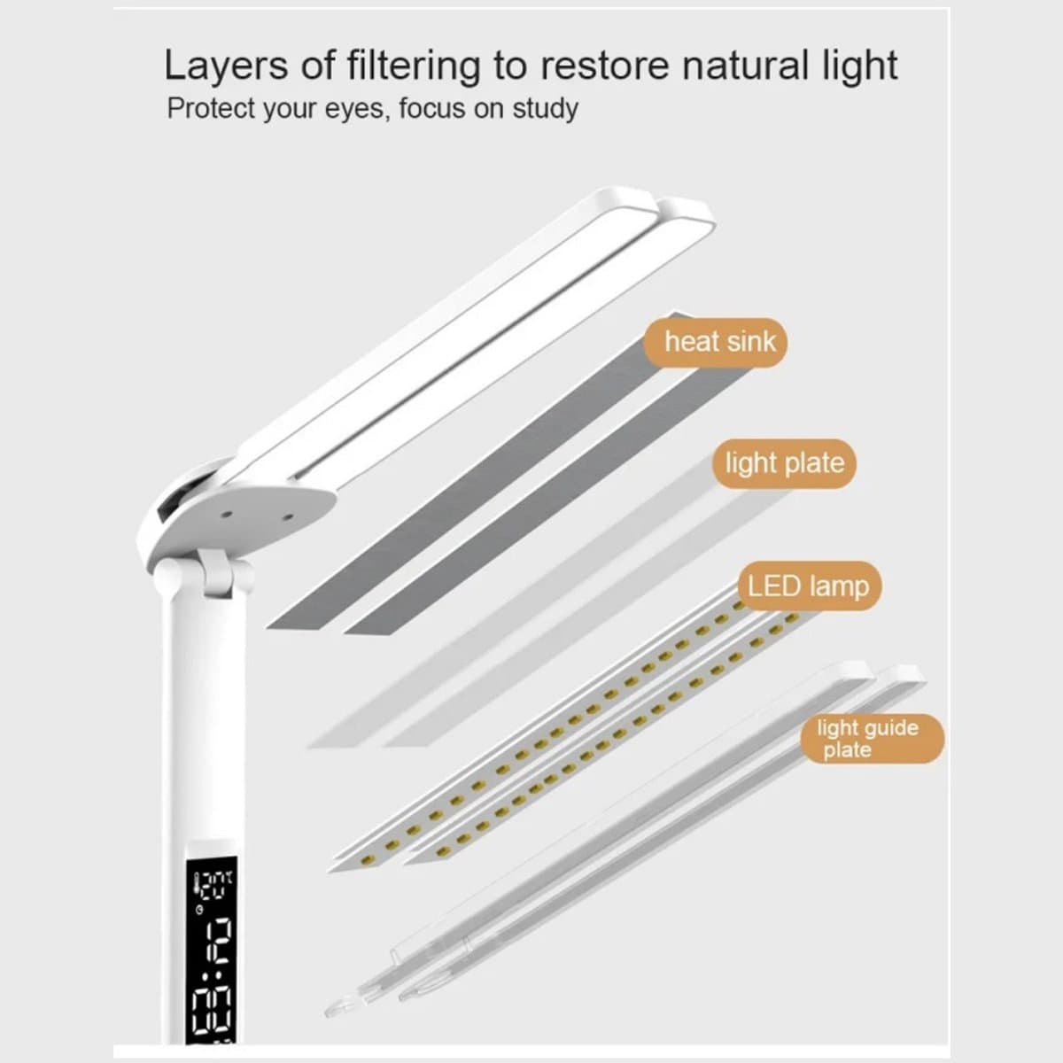 LED Bureaulamp met Dubbele Kop, Vouwbaar Touchscreen, Kalender & Klok, USB Aansluiting – Ideaal voor Bureau & Leeslamp thumbnail 2