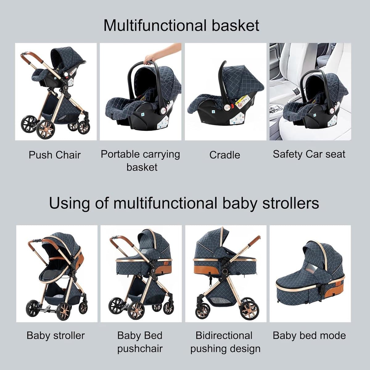Luxe Multifunctionele 3-in-1 Combi Kinderwagen – Kwalitatieve Buggy – Opklapbare Wandelwagen – Donkergrijs – Incl. Autostoel thumbnail 6