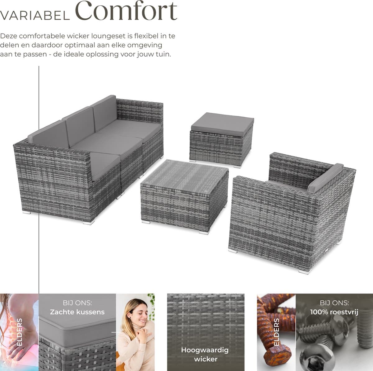 tectake® Wicker lounge - Tuinmeubelset voor buiten met bank, fauteuil, kruk en tafel - Variabel combineerbaar - Weerbestendig meubilair - Voor 4-5 personen - Balkonmeubilair - Tuinlounge - Terrasmeubilair - Grijs thumbnail 4