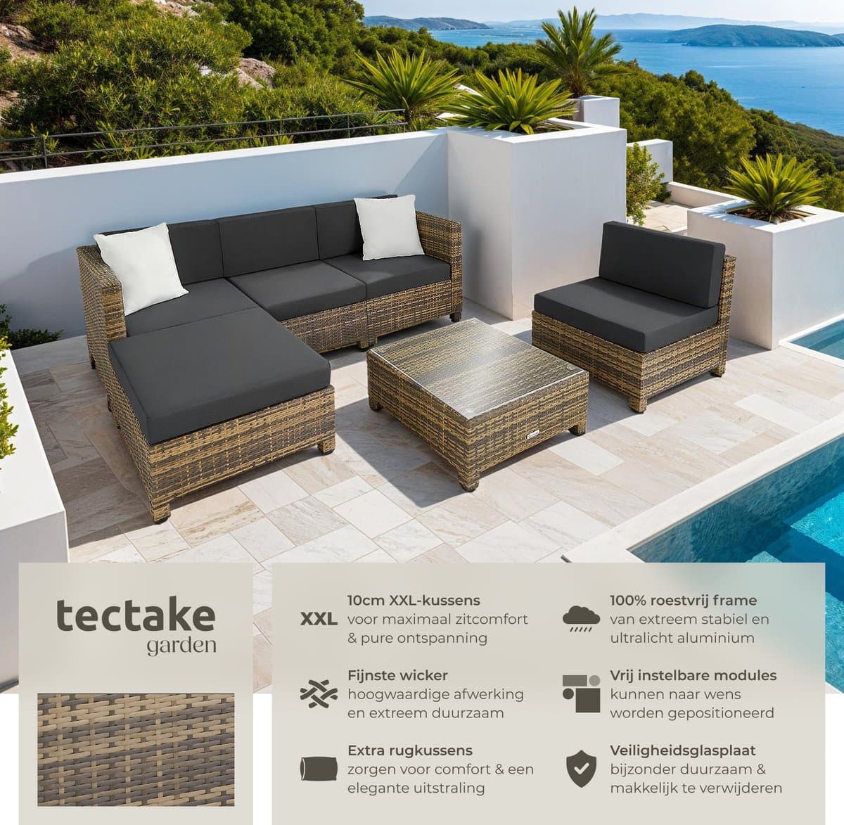 tectake® - Tuinmeubelset - Wicker loungeset - Balkonmeubelset - Kussens 10 cm hoogte - Voor tuin en balkon - 2 fauteuils, 2 hoekstoelen, 1 tafel, 1 hocker - Incl. 2 sets kussenhoezen - naturel thumbnail 5
