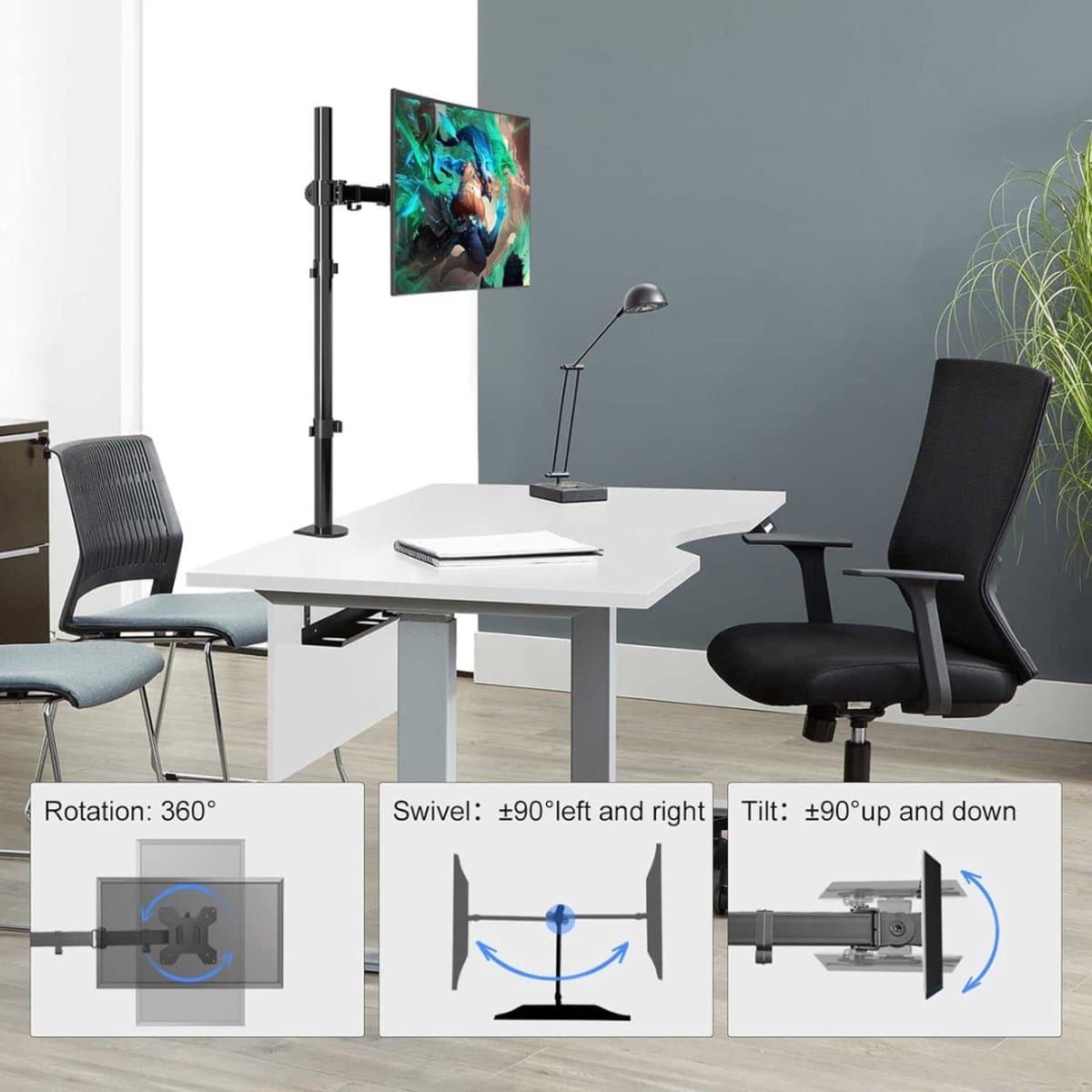 Monitor Standaard - Beeldscherm Standaard Enkele Monitor Arm (80cm in Hoogte Verstelbaar) voor 13-27 inch LCD LED Schermen VESA 75/100mm tot 10kg Tilt 90 ° Draaien 360 ° Monitorbeugel Monitorarm Beugel thumbnail 2