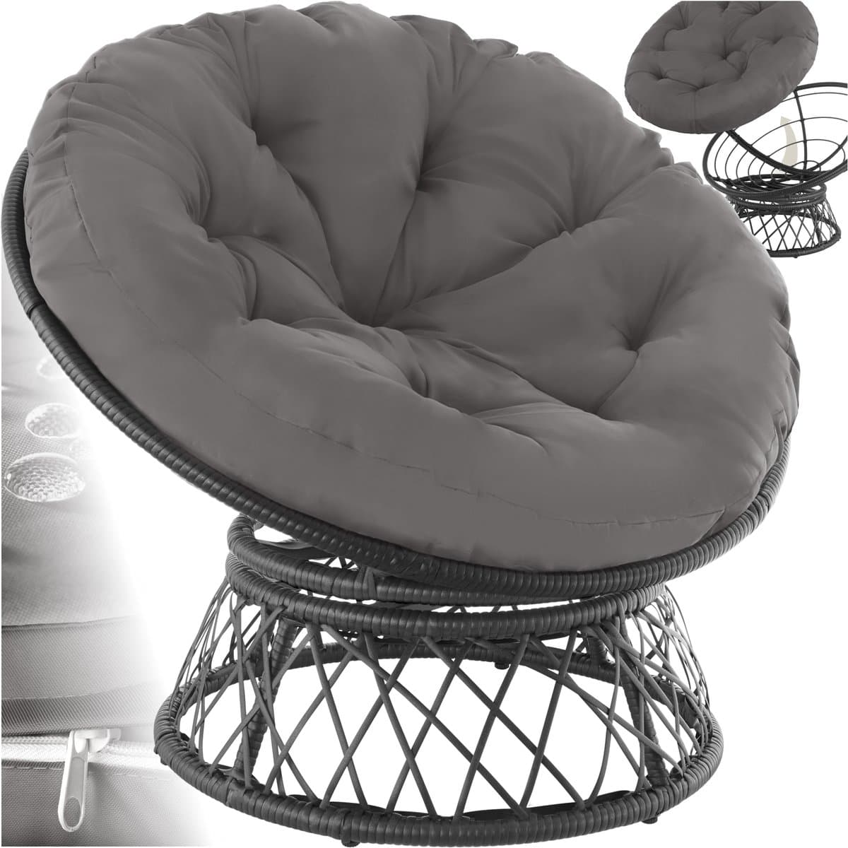 tectake® Papasan Stoel - Gezellige Draaistoel met Ronde Kussens - Comfortabele Rotan Stoel - Draaibare Loungestoel - Ronde Relax Rotan Rieten Stoel voor Woonkamer, Leeshoek, Lounge - Zwart