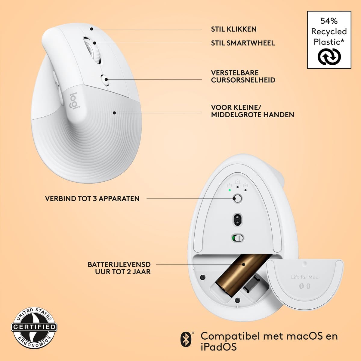 Logitech Lift voor Mac - Draadloze Muis - Bluetooth - Verticaal Ergonomisch - Wit thumbnail 5
