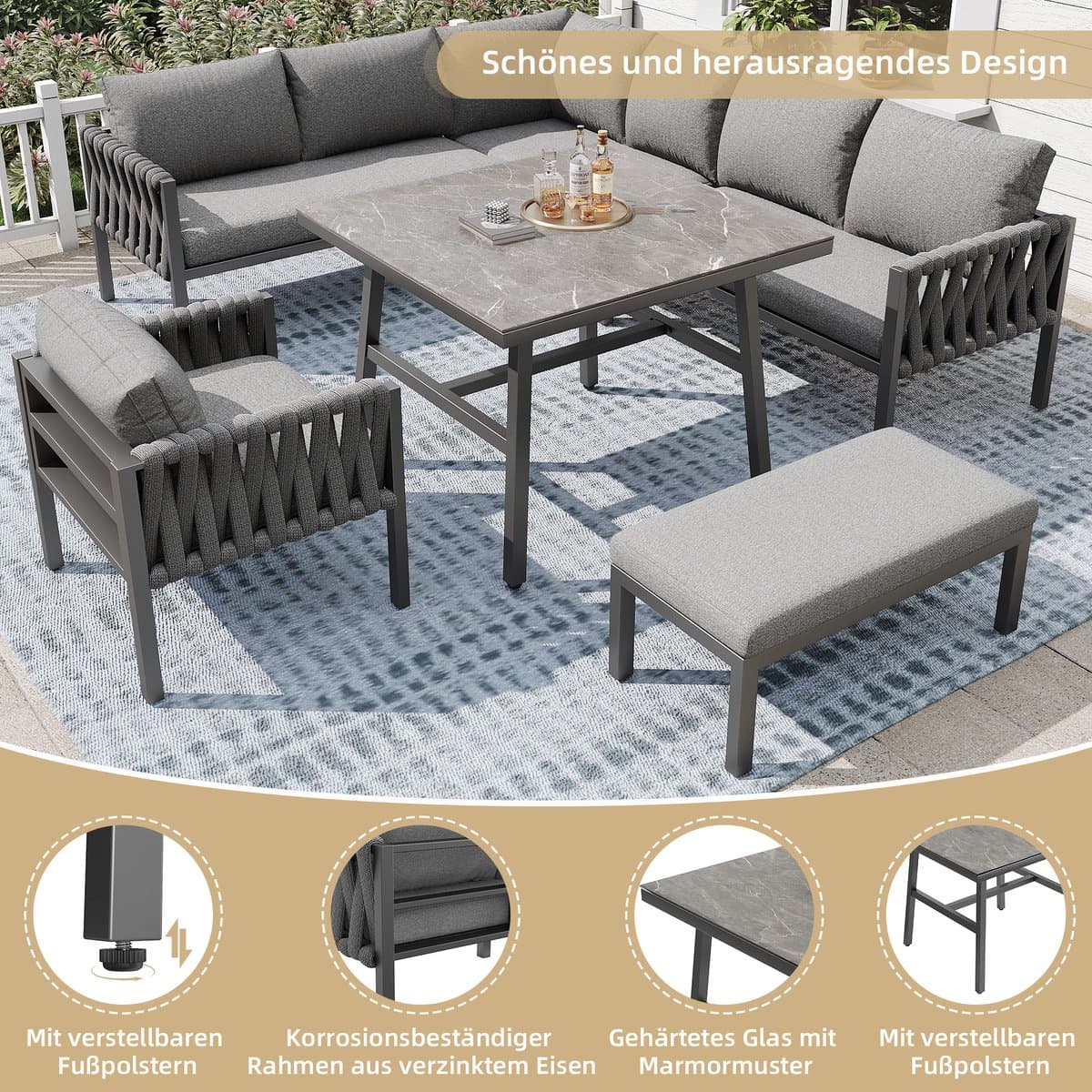 Tuinset met verzinkt ijzeren frame, grijze touw loungeset, verstelbare poten, glazen tafelblad, inclusief kussens thumbnail 7