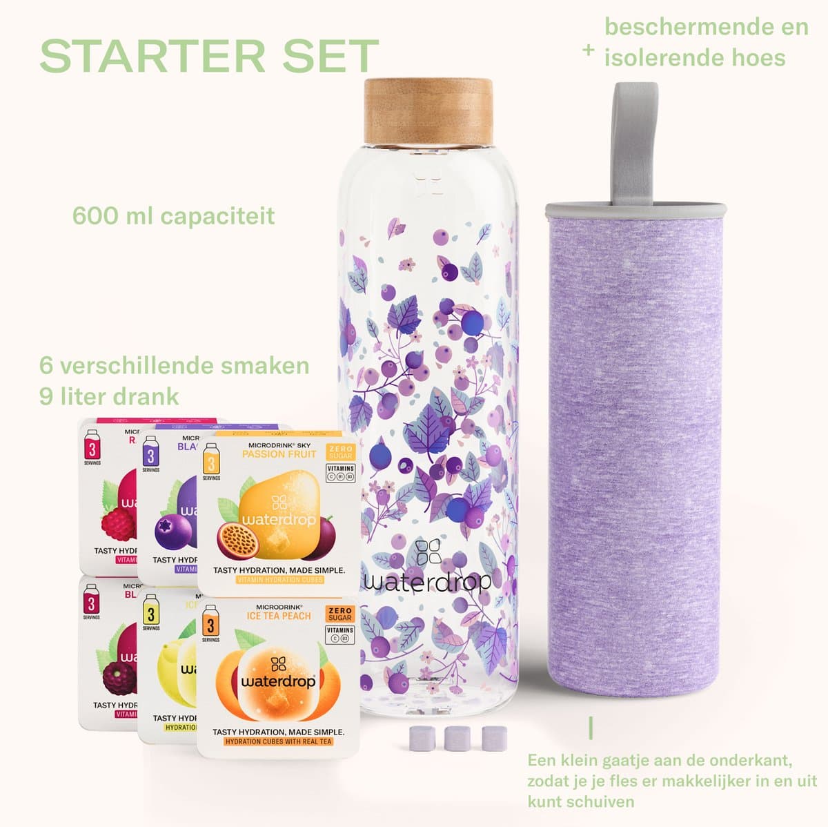 waterdrop® Starterset Glas - Boost Melange - Glazen Drinkfles 600ml + 18 Microdrink Bruistabletten – Herbruikbare Waterfles, Lekvrij, BPA-vrij, Ideaal voor Thuis, Werk, Sport, Reizen – Hydratatie Set, Cadeau Idee thumbnail 2