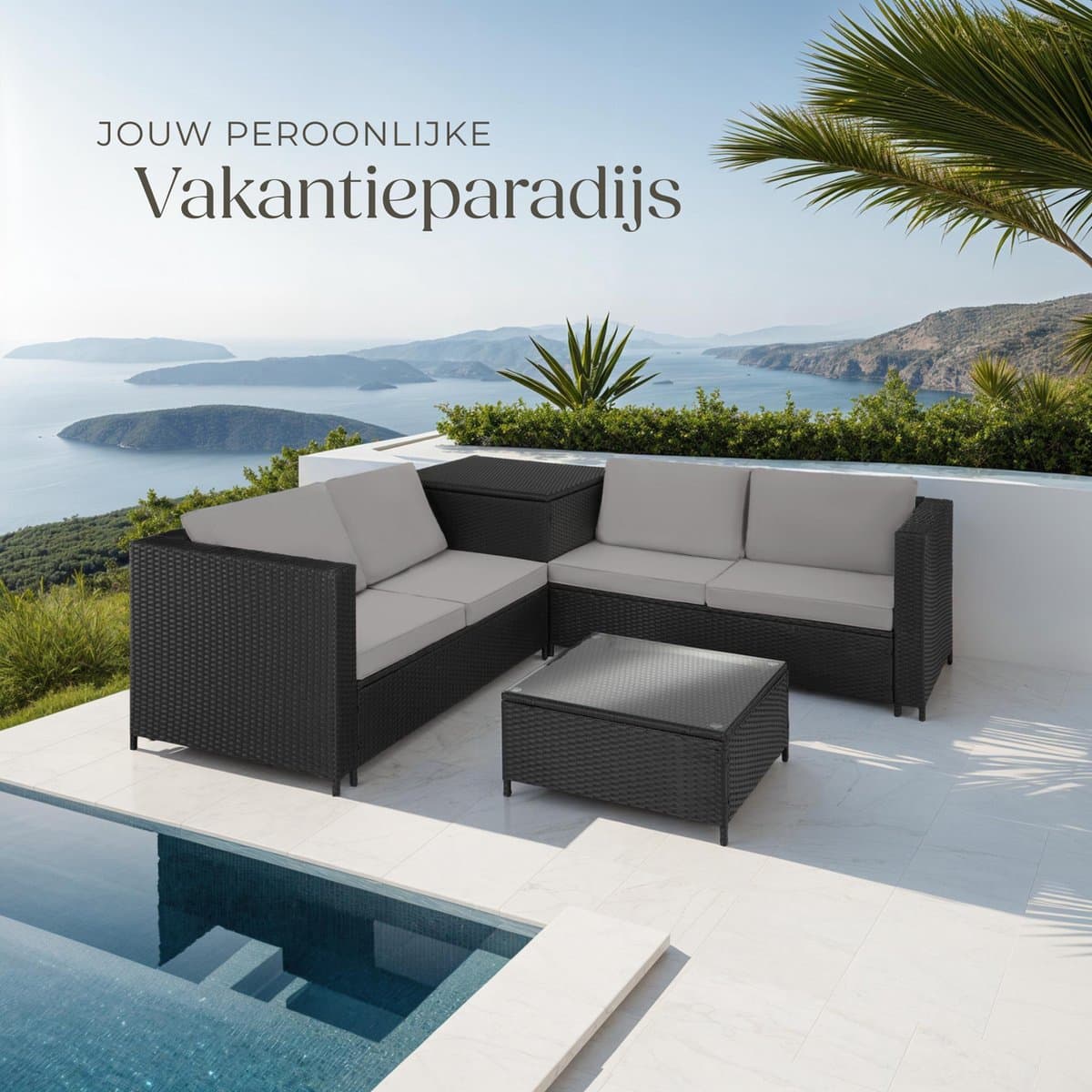 tectake® Wicker zitgroep - Tuinmeubelset - 2 banken met extra dikke kussens - Tafel met glazen blad - Tuinmeubelen voor terras - Tuin - Balkon - Buitenmeubels - Inclusief opbergbox - Maximale belasting bank 200 kg en tafel 45 kg - Zwart thumbnail 8