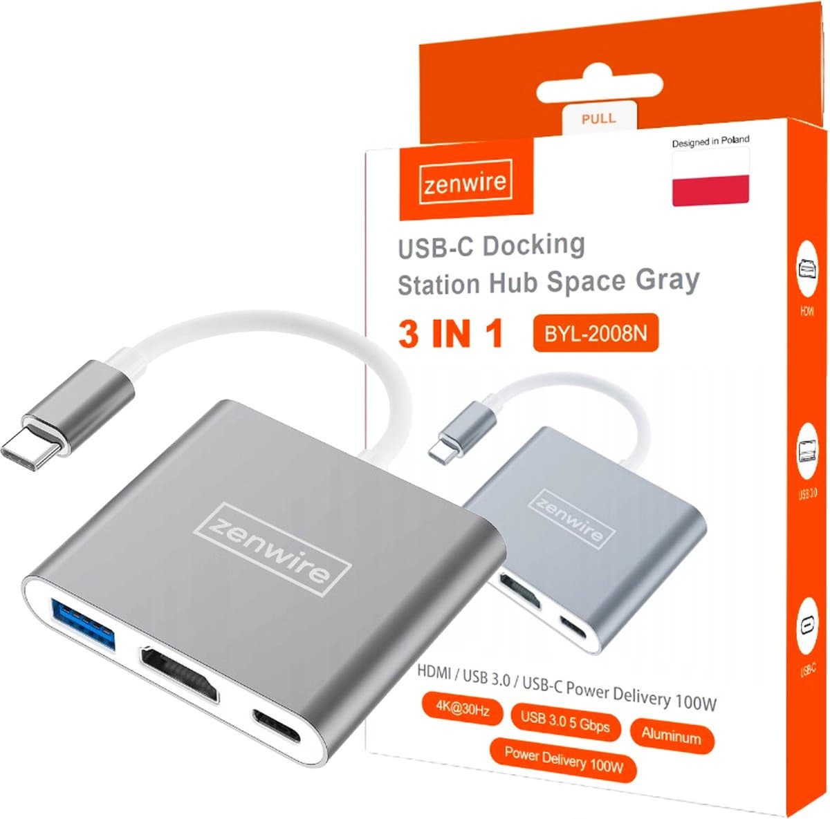 Zenwire 3-in-1 - USB-C Hub - HDMI 4K-uitgang - USB 3.0-poort - PD 100W opladen voor MacBook Air Pro M1 M2 M3 M4 Samsung DeX Nintendo Switch