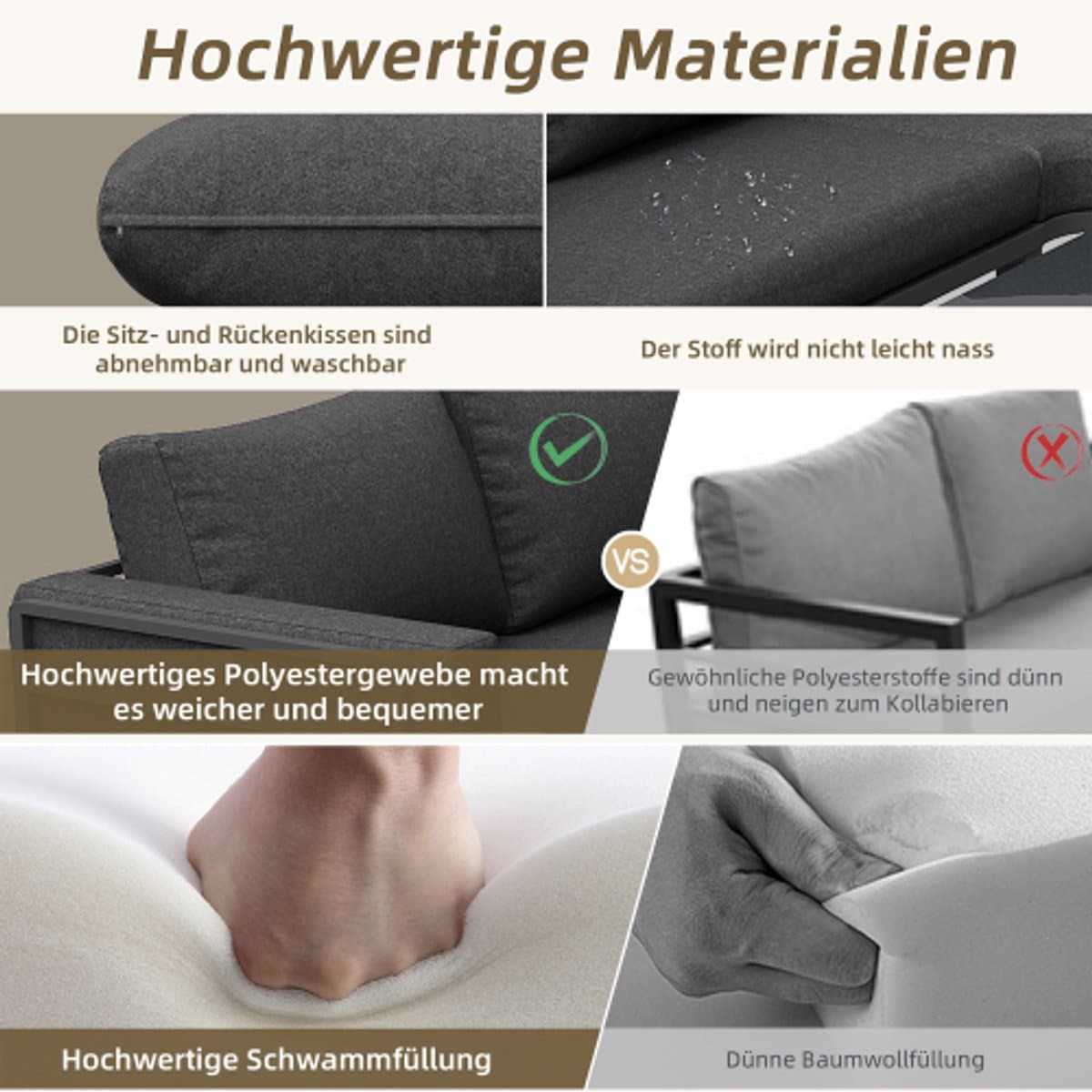 Tuinmeubelset (4-5 zitplaatsen), 1 salontafel van gehard glas, gegalvaniseerd ijzeren frame, comfortabel tuinmeubilair, grijze zitkussens en kussens, met verstelbare poten thumbnail 7