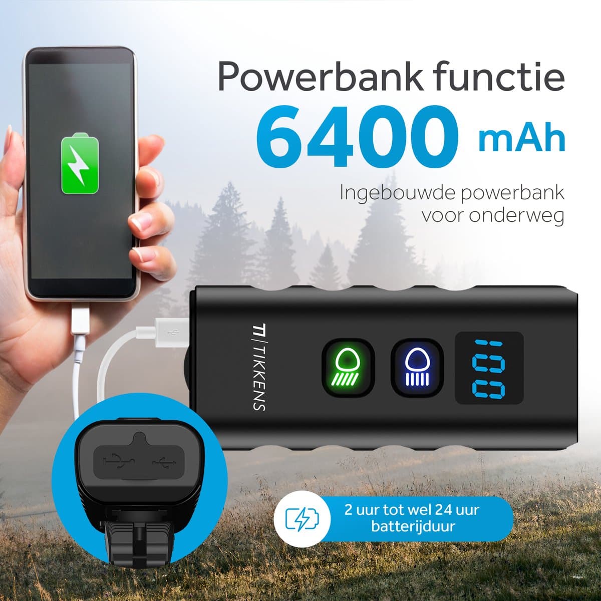 Tikkens LED Fietsverlichting 1600 Lumen - Fietslamp USB Oplaadbaar - Fietsverlichting met Powerbank - Voorlicht MTB & Racefiets Verlichting - Waterdicht Fietslicht thumbnail 3