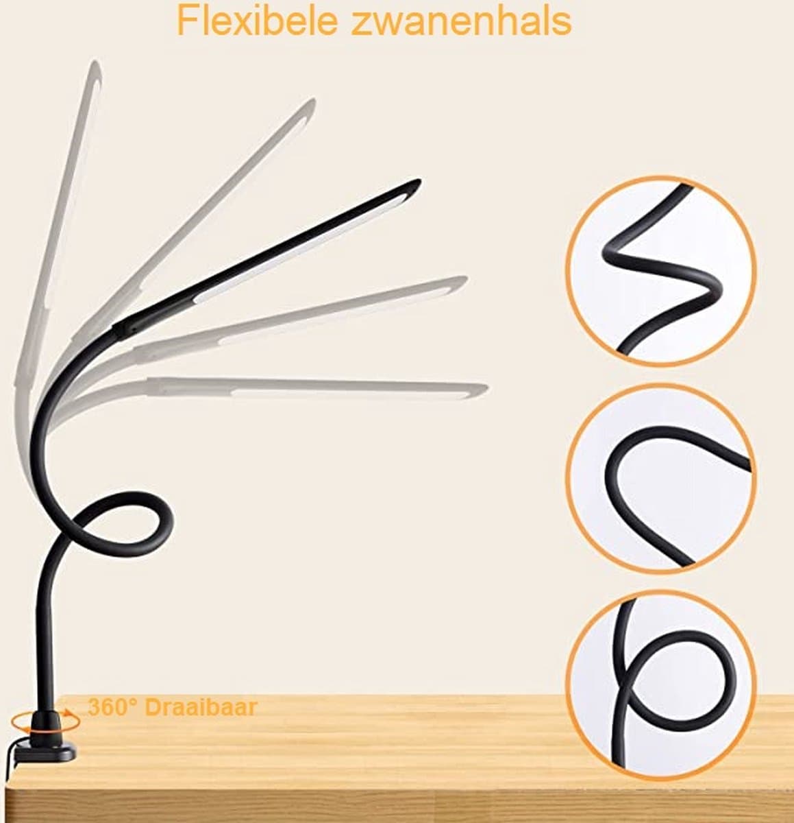 Lampen District® - LED Bureaulamp met klem - Oogbeschermende LED Lamp - Flexibele Werklamp - 3 Lichtstanden & 10 Helderheidsniveaus thumbnail 3