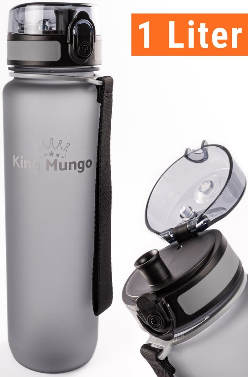 King Mungo Drinkfles 1 Liter Mat Grijs - Waterfles & Sport Bidon Volwassenen - 100% Lekvrij & BPA-vrij Tritan - Vaatwasserbestendig Zonder Rietje - Drinkbus 1000ml Cadeau
