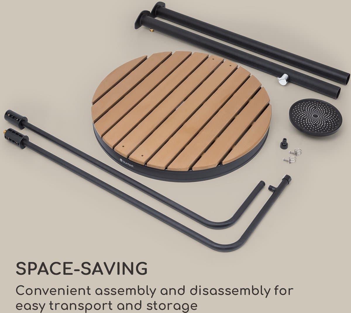 Blumfeldt Mobiele Tuindouche, Buitendouche voor Tuin, Bodemdouche met Verstelbare Douchekop, Tuindouche met Houtlook voor Zwembad & Sauna, Waterdicht, Vorst- en UV-bestendig thumbnail 7