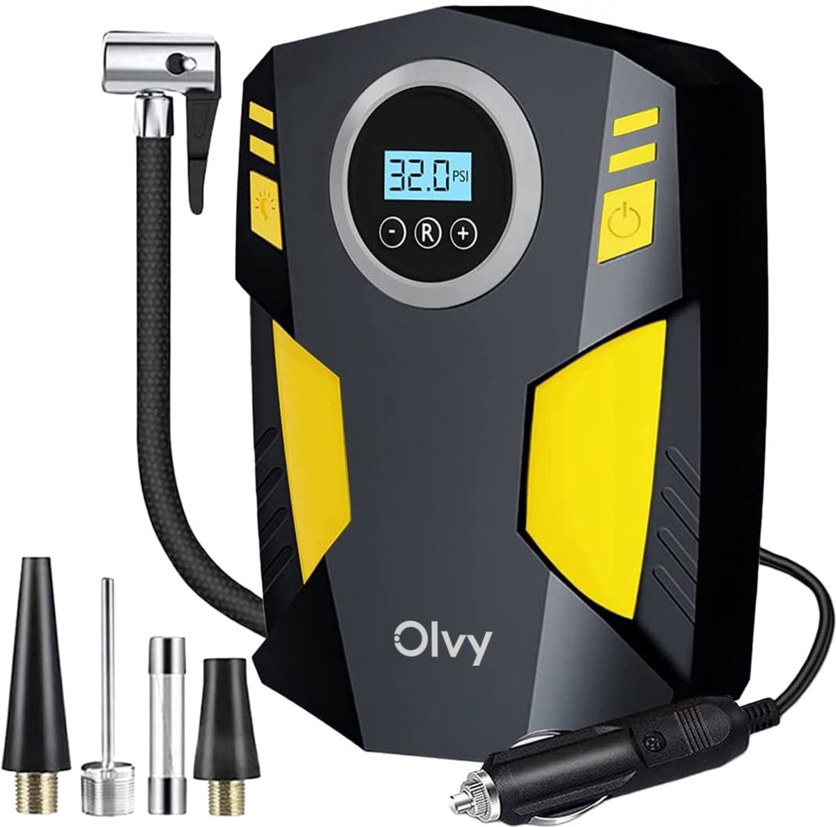 Olvy Compressor Bandenpomp - Luchtcompressor 12V - Elektrische Bandenpomp - Fiets/Auto/Motor/Bal/Luchtbed - Met 4 Opzet Stukken