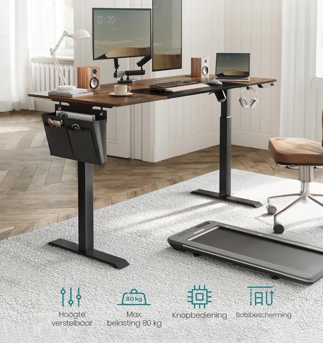 Elektrisch Zit-Sta Bureau – 70x160x(72–120) cm – In Hoogte Verstelbaar – 4 Geheugenstanden – Vintage Bruin/Zwart – Geluidsarm <50 dB – Kabelmanagement – Opbergvak – Draagkracht 80 kg thumbnail 8