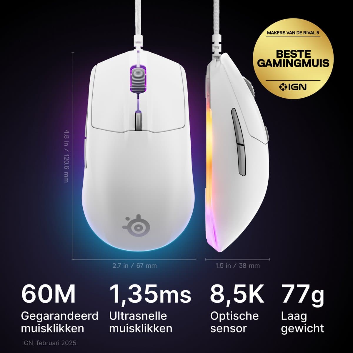 SteelSeries Rival 3 Gen 2 - Bedrade Gaming Muis - 3-zone RGB - Wit thumbnail 4