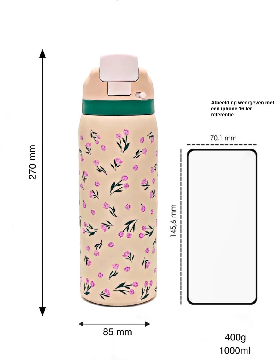 LYKKE® Freesip Thermos Beker 3 Laagse geïsoleerde RVS waterfles met rietje voor sport, reizen en school BPA-vrije Lek-vrije sportwaterfles, 34 oz, 1L, CLICK and LOCK Systeem -Salmon Apricot thumbnail 3