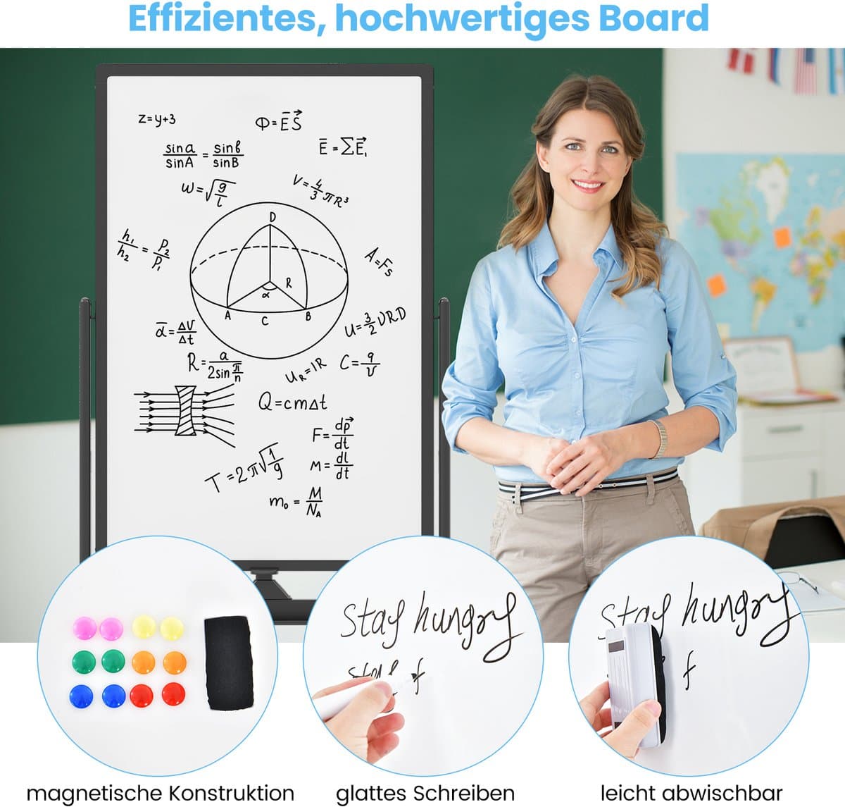 COSTWAY Dubbelzijdig mobiel whiteboard, 60 x 90 cm, in hoogte verstelbaar magnetisch whiteboard met wieltjes, standaard en pennenbakje, incl. accessoires voor school, kantoor, thuis (zwart) thumbnail 4