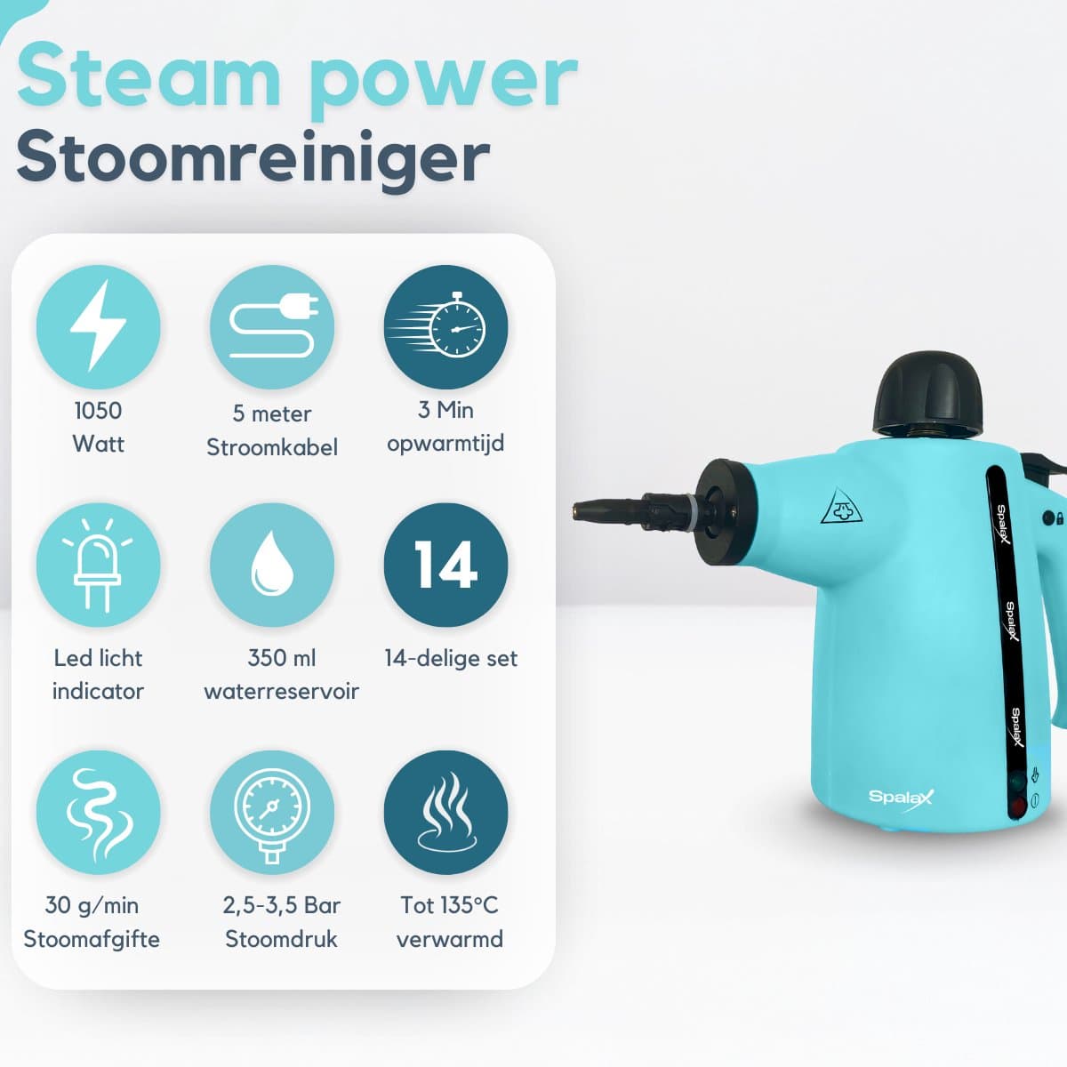 Spalax 14-in-1 Stoomreiniger - Krachtig Stoomapparaat vloer, badkamer, bank & tapijt - Handstomer - Vlekkenreiniger - Handstoomreiniger voor kleding - Tapijtreiniger - Steam Cleaner thumbnail 6