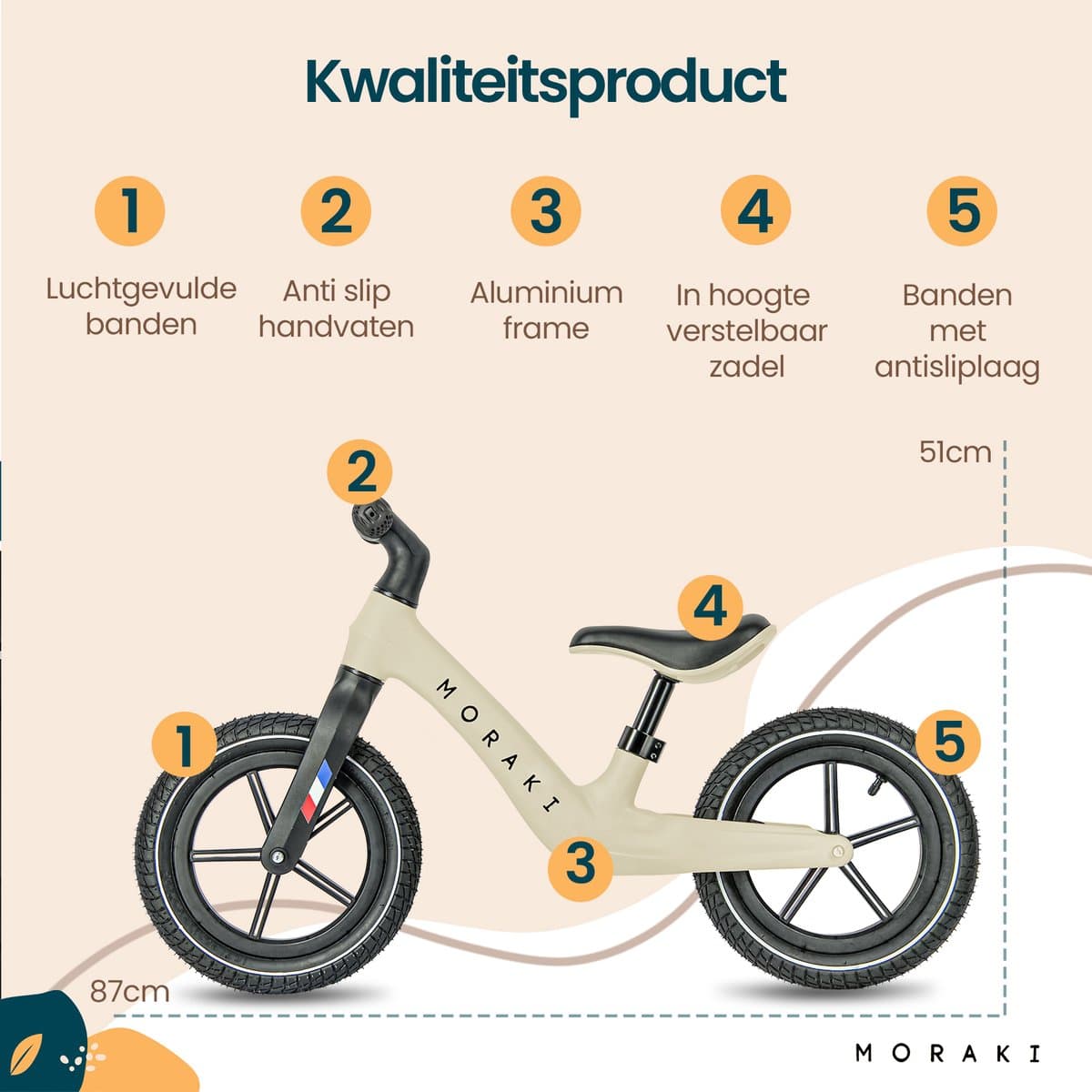 Moraki - Loopfiets - 2 Jaar - Verstelbaar Zadel - Balance Bike - 3 Jaar - Jongens en Meisjes - Beige thumbnail 7