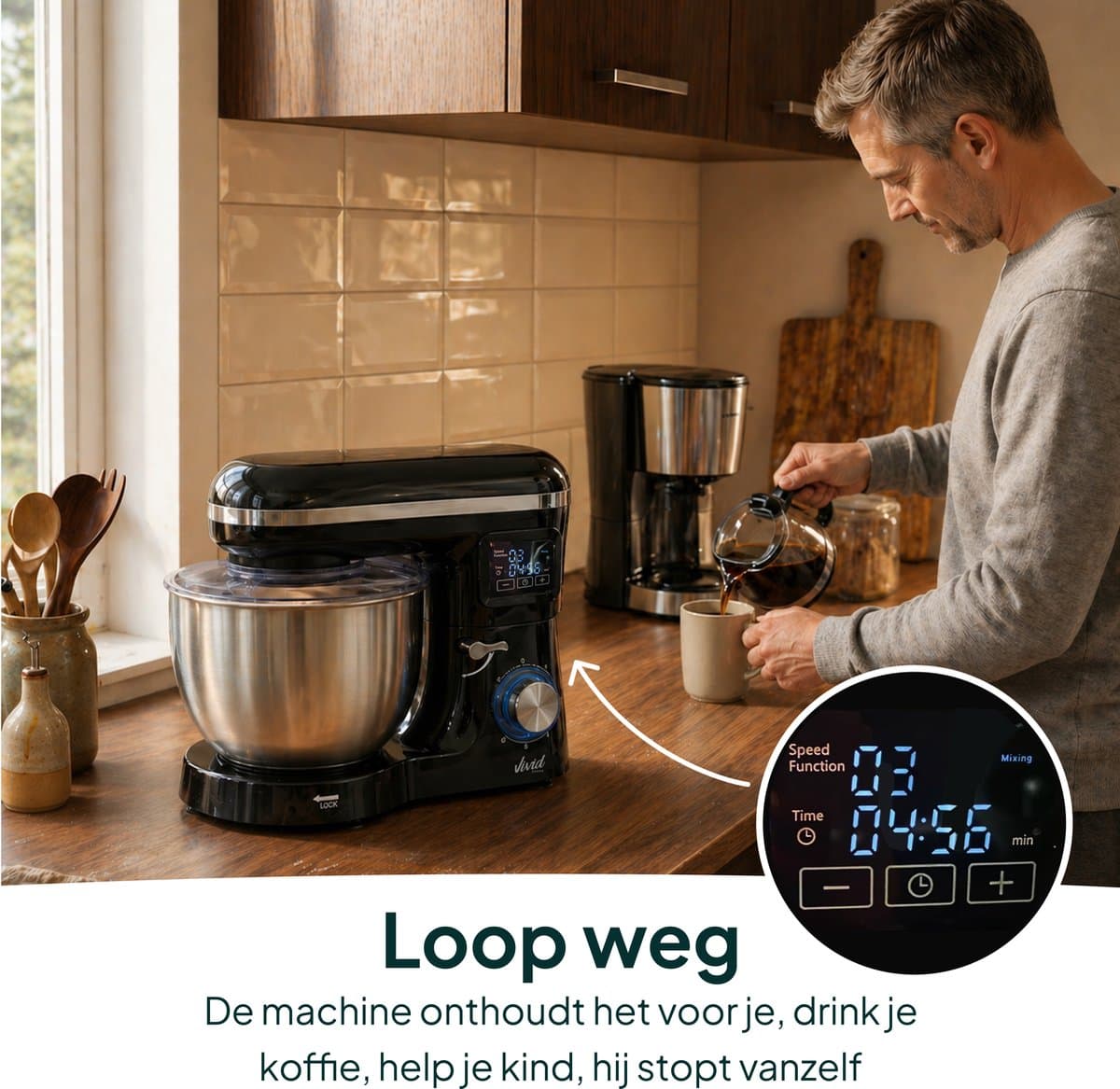 Vivid Green 2000W Keukenrobot - 6.2L - Display & Instelbare Timer - Mixer met Mengkom - Keukenmachine - Keukenmixer - Zwart thumbnail 6