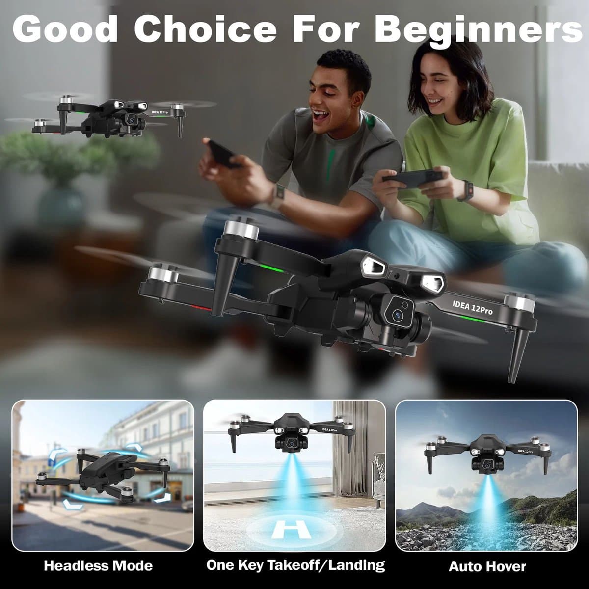 LeeuwenChoice® IDEA 12 Pro Camera Drone - Opvouwbaar - 1080P HD Camera - Met LCD-scherm - Quadcopter - Voor Beginners - Met Afstandbediening - Wifi - FPV - Met 2 Batterijen thumbnail 3