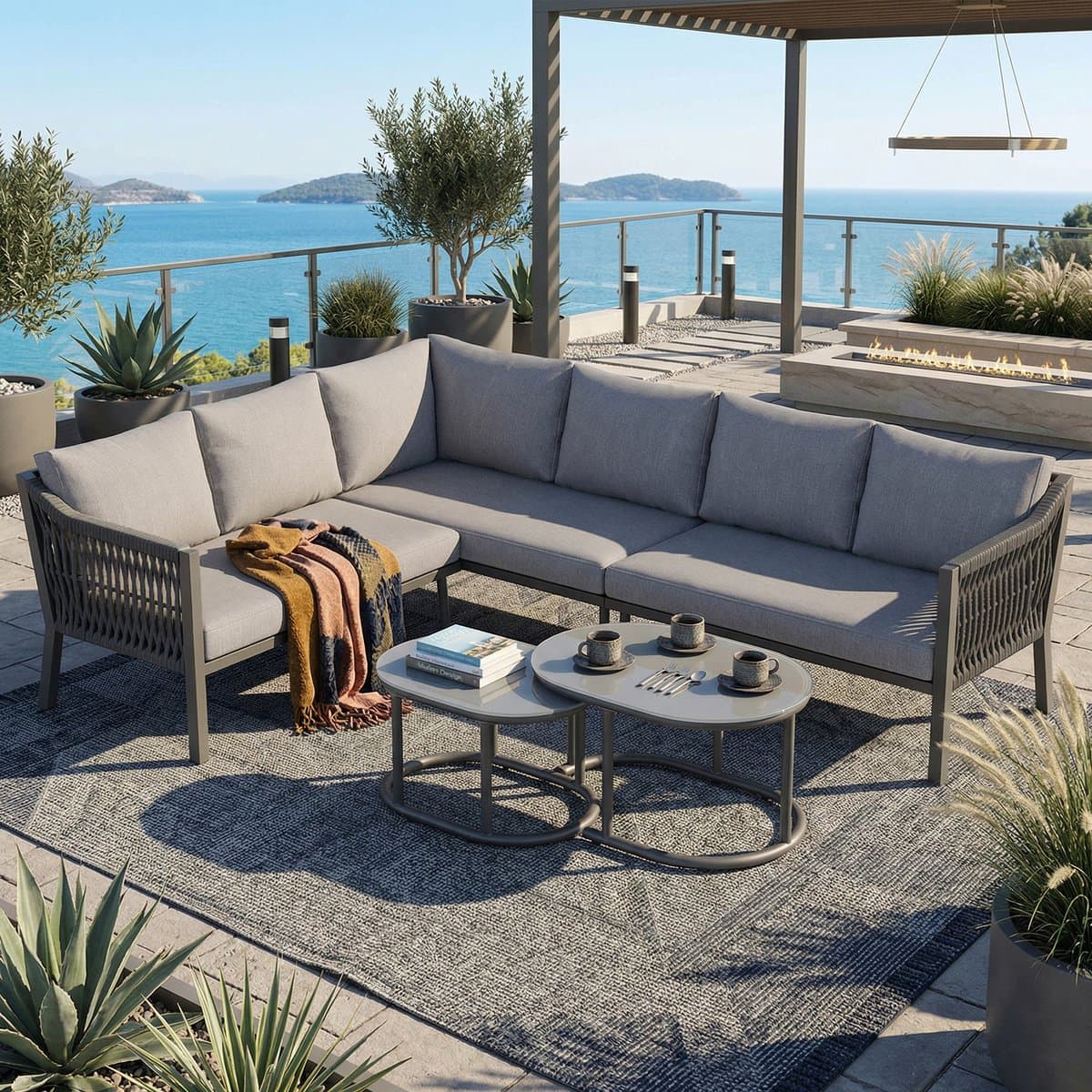 Tuin eettafel en stoelen set - voor 6 personen - hoekig - glazen tafelblad - handgeweven touw - twee koffietafels en een bank - grijs thumbnail 6