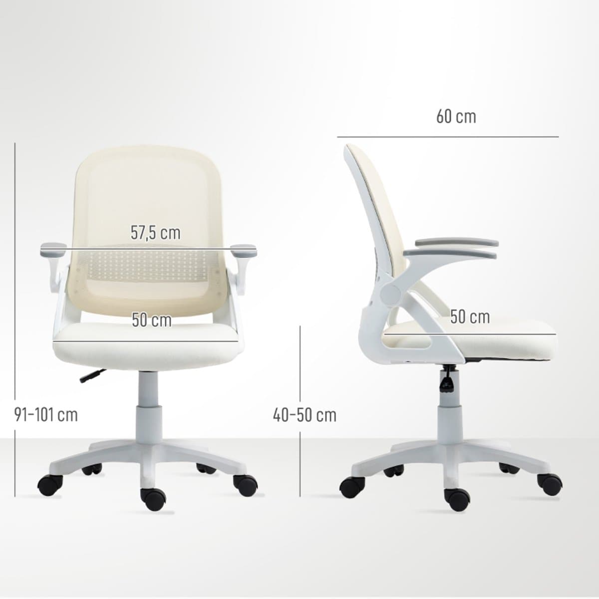 Ergonomische-Bureaustoel-Mesh-Verstelbare-Hoogte-Opklapbare-Armleuningen-360°-Draaistoel-Ademende-Office-Chair-Wit-Comfortabele-Thuiswerk-Stoel thumbnail 5