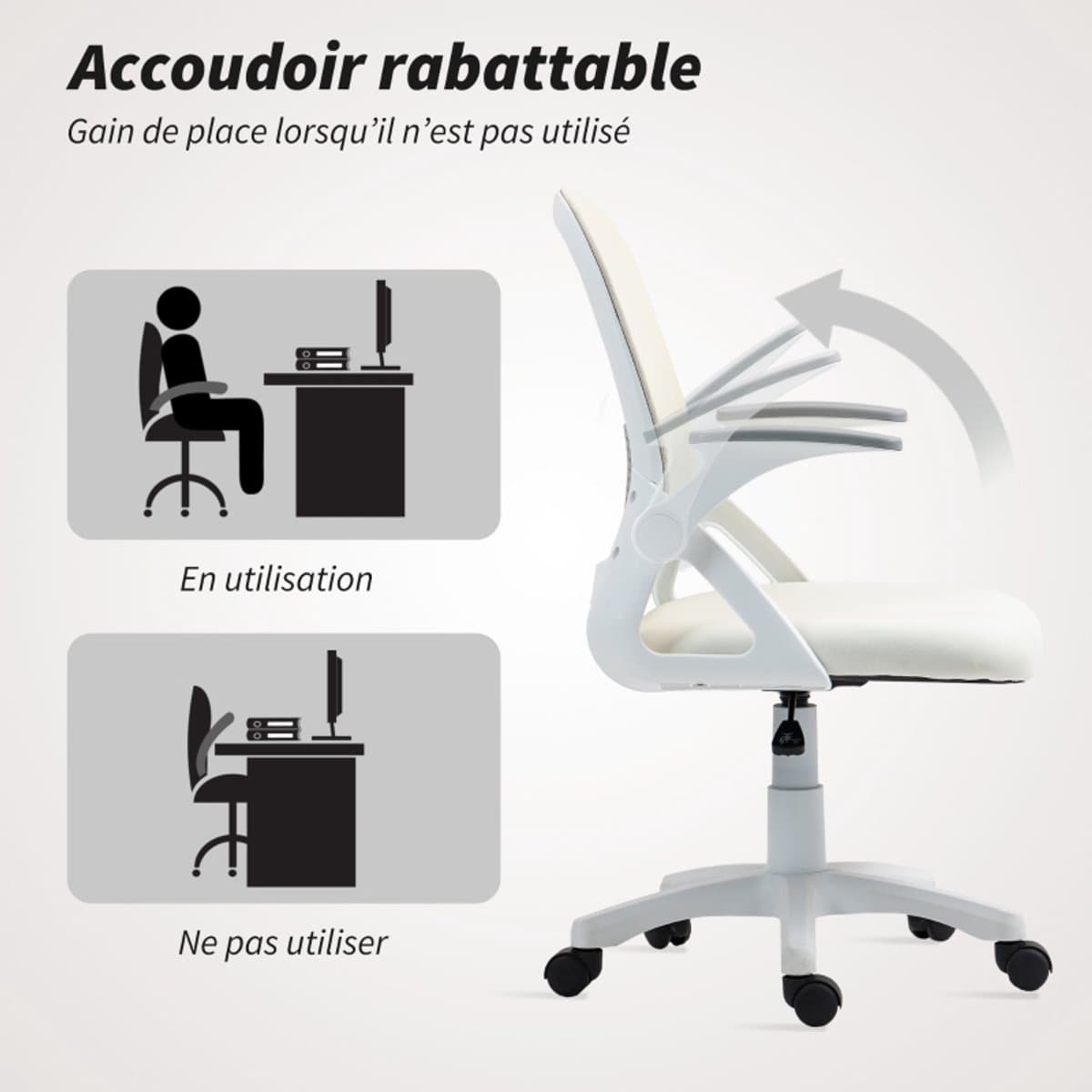 Ergonomische-Bureaustoel-Mesh-Verstelbare-Hoogte-Opklapbare-Armleuningen-360°-Draaistoel-Ademende-Office-Chair-Wit-Comfortabele-Thuiswerk-Stoel thumbnail 6