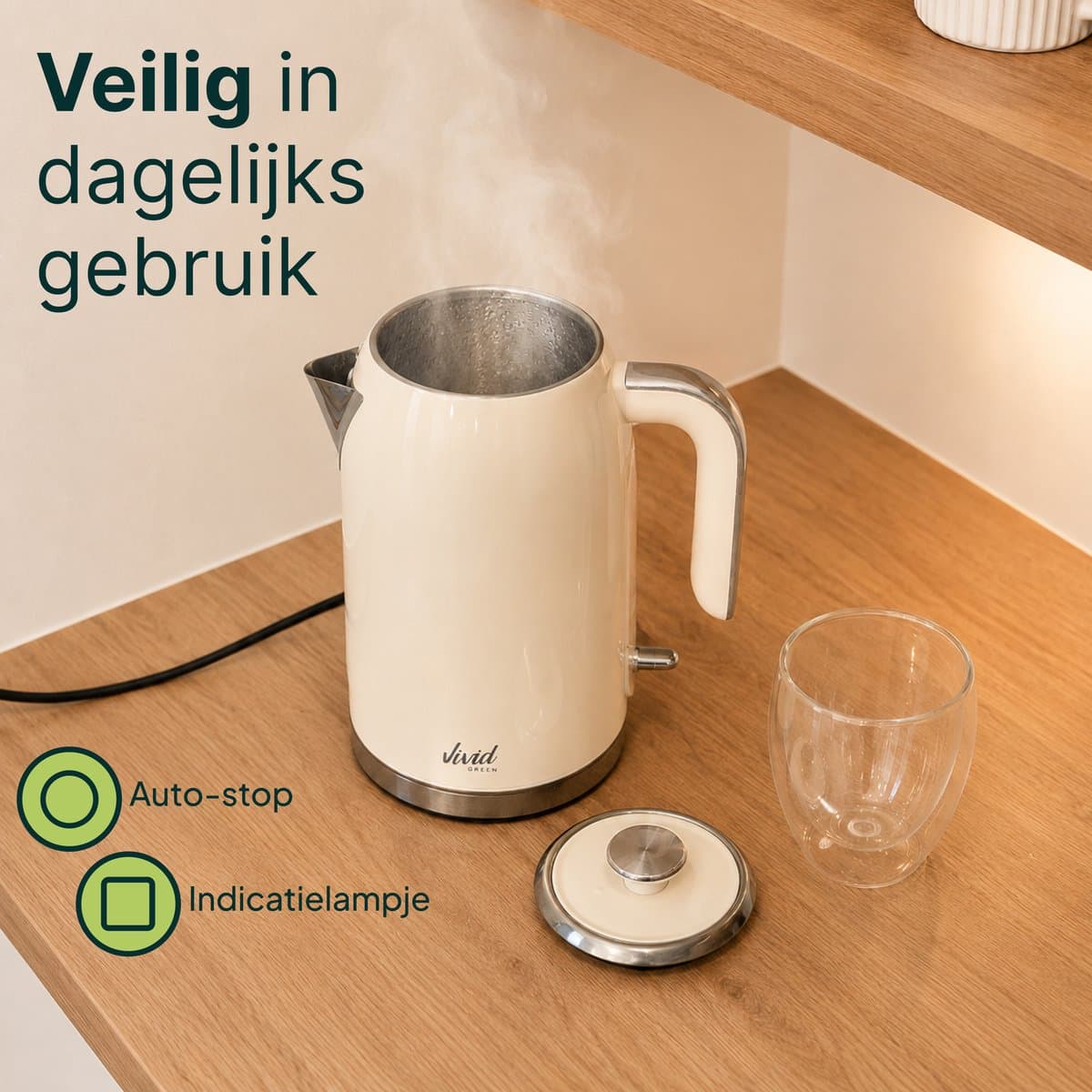 Vivid Green Luxe Waterkoker 1.7L - Retro Design - 2200W - BPA-vrij - 360° - RVS - Creme thumbnail 5
