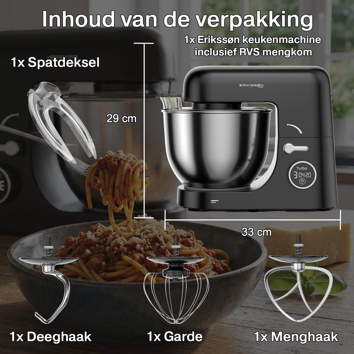 Erikssøn Kitchen Keukenmachine - 8 Snelheidsstanden Met Timer - 5L Mixer met Mengkom - 1400W - Keukenrobot - Keukenmixer - Foodprocessor - Zwart thumbnail 7