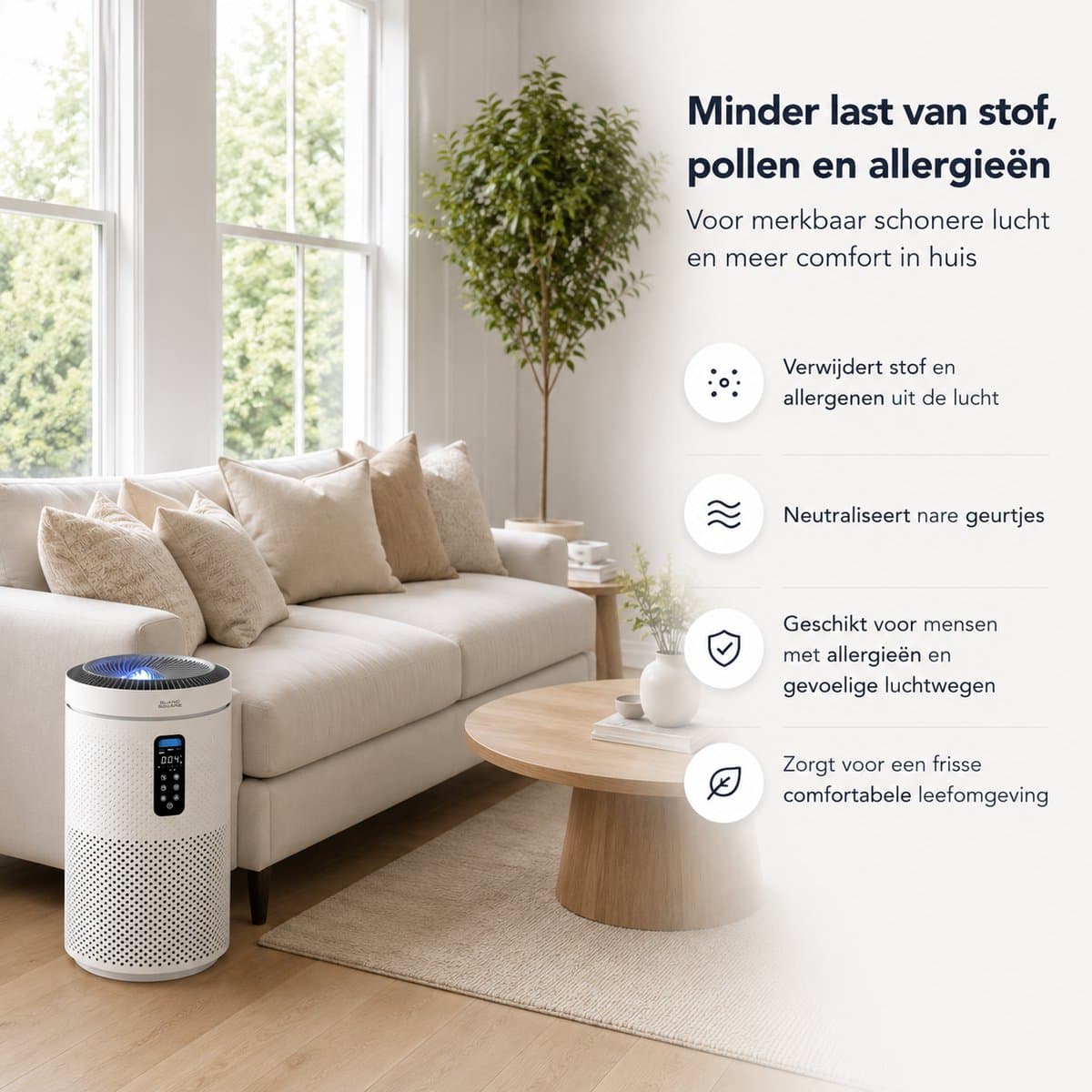 Blanc Square Luchtreiniger PRO - met HEPA 13 + Koolstoffilter - CADR 400m³/h 90m² - Filtert Pollen, Geurtjes en Stof - Automatisch + 3 Standen - Luchtkwaliteitsindicator - Clean Air thumbnail 5