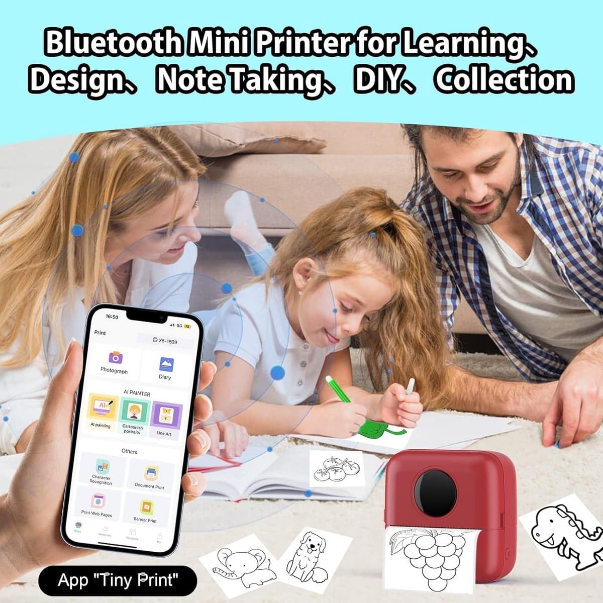 Mini Printer - Draagbare Printer - Foto's Printen - Inclusief 10 Rollen Papier - 82 x 82 x 45 mm thumbnail 2