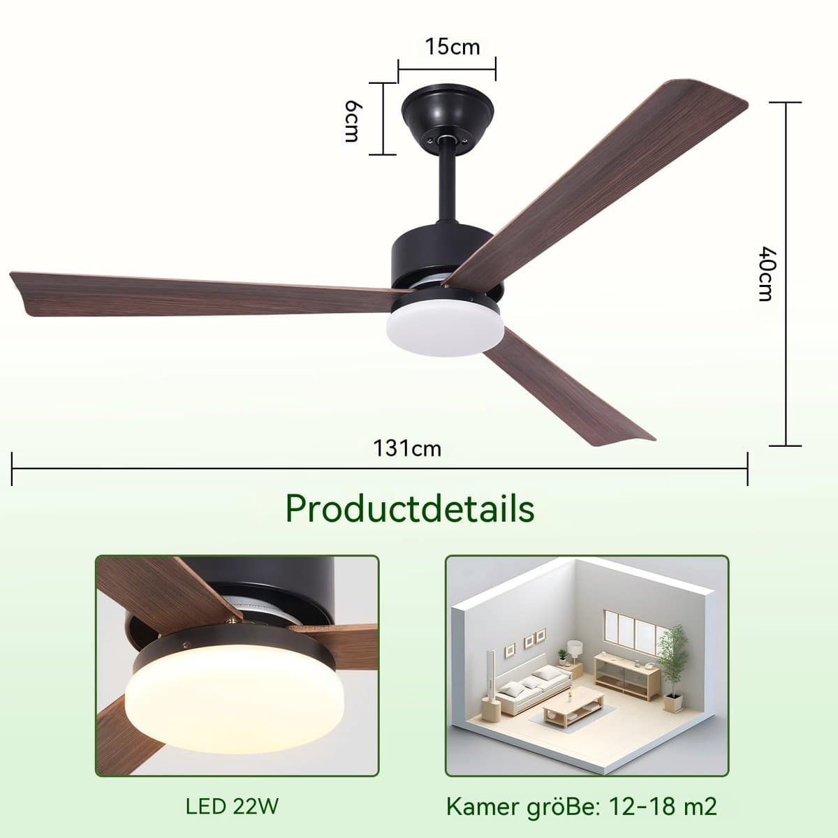 Glitzerlife - Plafond ventilator met verlichting - Stille plafondventilator - Stille Houtlook LED - Dimbaar Met Afstandsbediening - 6 Snelheden Timer - Omkeerbare DC Motor - Ø131cm - Bruin thumbnail 8