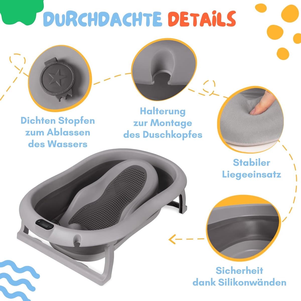 moovkee. Opvouwbaar Babybad 80 cm Donkergrijs - Babybadewanne met Thermometer en Badesitz - Antislip Draagbare Babybadkuip voor 0-36 Maanden thumbnail 3