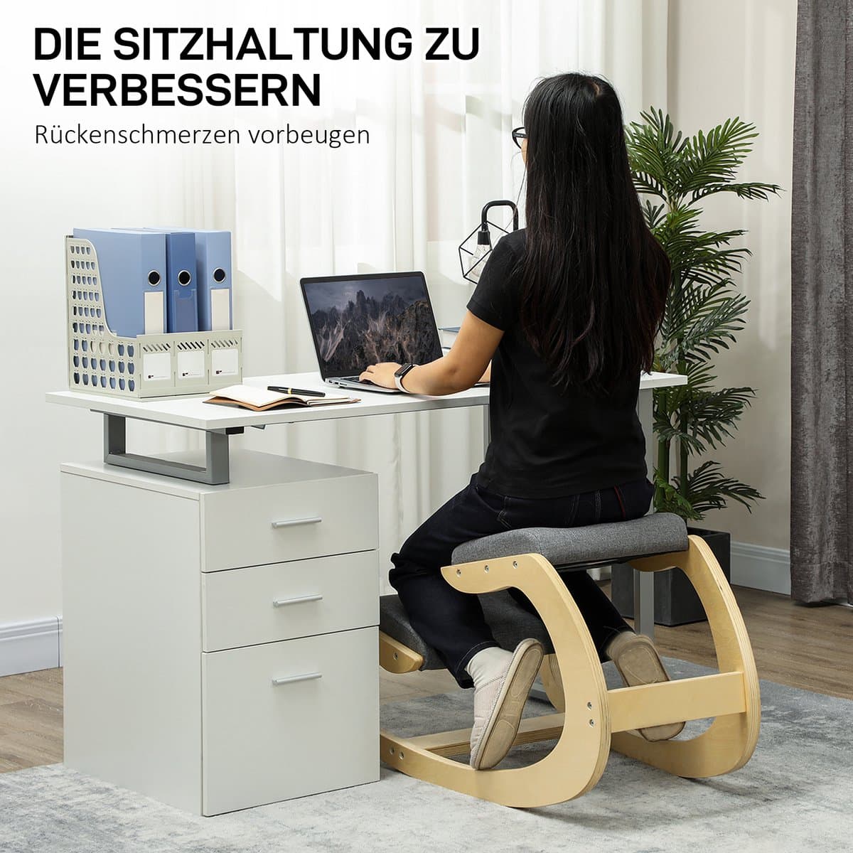 MODENUIT Kniekruk 54,5 x 85 x 54 cm - Schommelend Ergonomisch Ontwerp - Voor Thuiswerk En Meditatie - Hout Grijs thumbnail 2