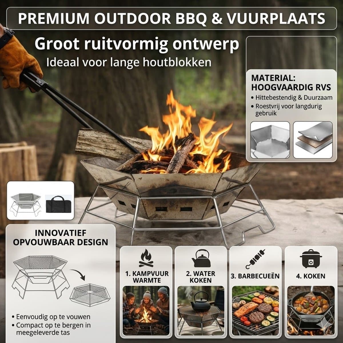 Opvouwbare Houtskool BBQ & Vuurplaats – RVS Camping Barbecue – Draagbaar & Stevig – Groot Formaat – Voor BBQ, Kampvuur & Outdoor Koken thumbnail 4
