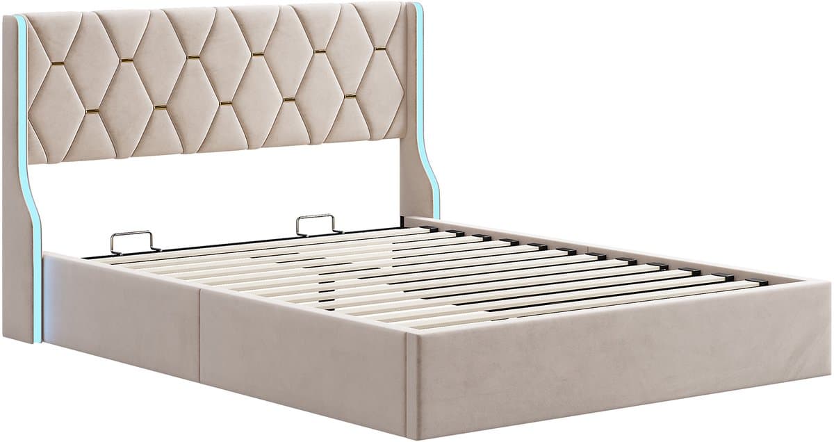 Hydraulisch Opbergbed 160x200 cm - Beige Fluweel met RGB LED en Grote Opbergruimte thumbnail 8