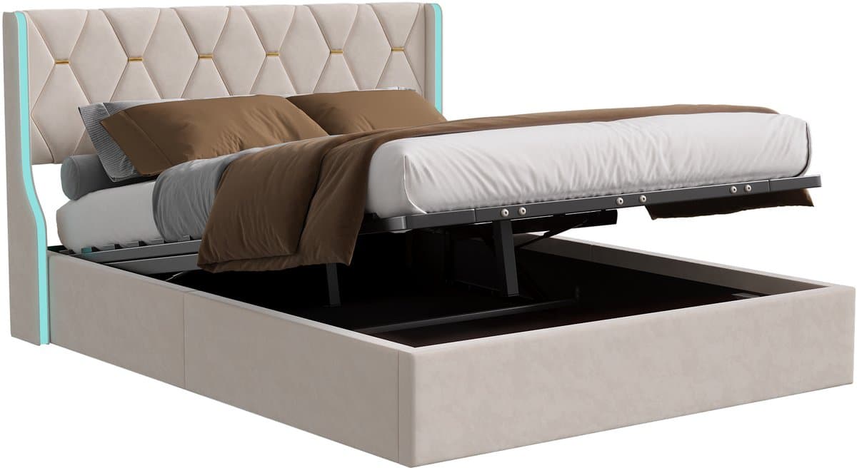 Hydraulisch Opbergbed 160x200 cm - Beige Fluweel met RGB LED en Grote Opbergruimte thumbnail 2