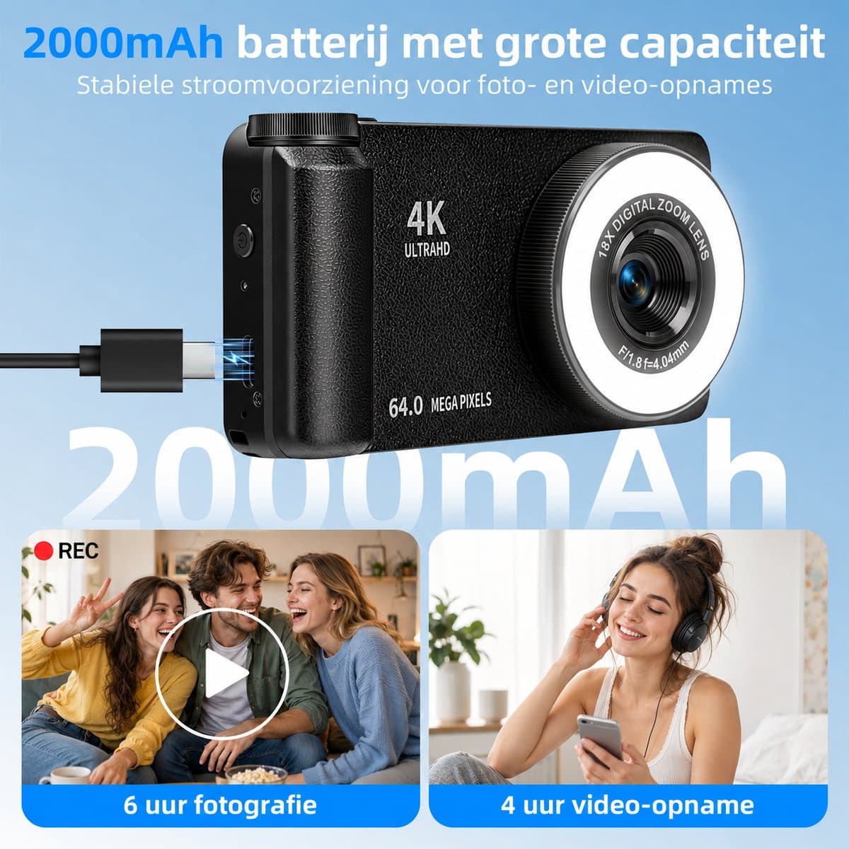 4K 64MP Digitale Camera - Beauty Licht - Fotocamera - Compact Camera - Vlog Camera - Fototoestel - 180° Flip Scherm - Autofocus - 18X Zoom - Vlog Camera met 32GB Kaart thumbnail 6
