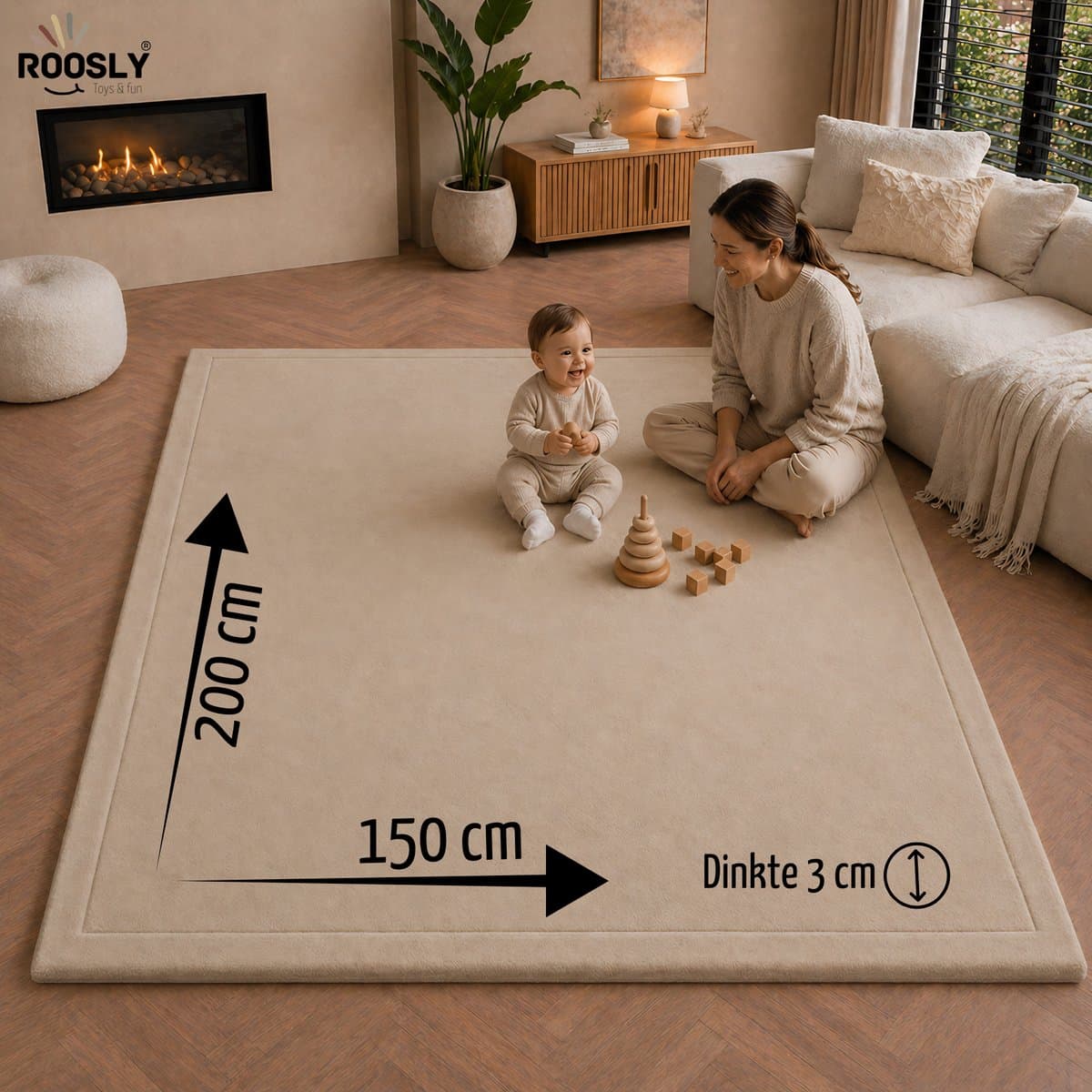 Roosly Speelmat Baby - Fluwelen Speelkleed baby - speeltapijt - kruipmat - playmat - Extra Dik Traagschuim 3 cm - Antislip - Zacht & Veilig - 150 x 200 cm - Sand Beige thumbnail 2