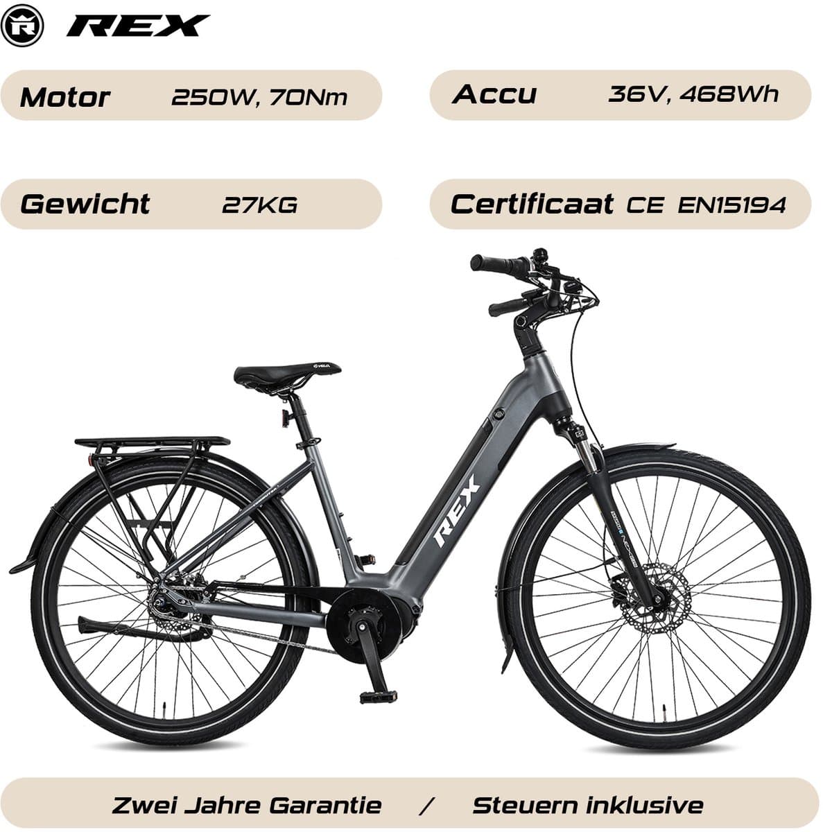 REX Commuter+ elektrische fiets - fiets elektrische voor dames, Middenmotor 250W, 28 Inch Stadtfiets, 468 Wh accu, SHIMANO 7 Versnellingen, maximaal 100 km, grijs thumbnail 7