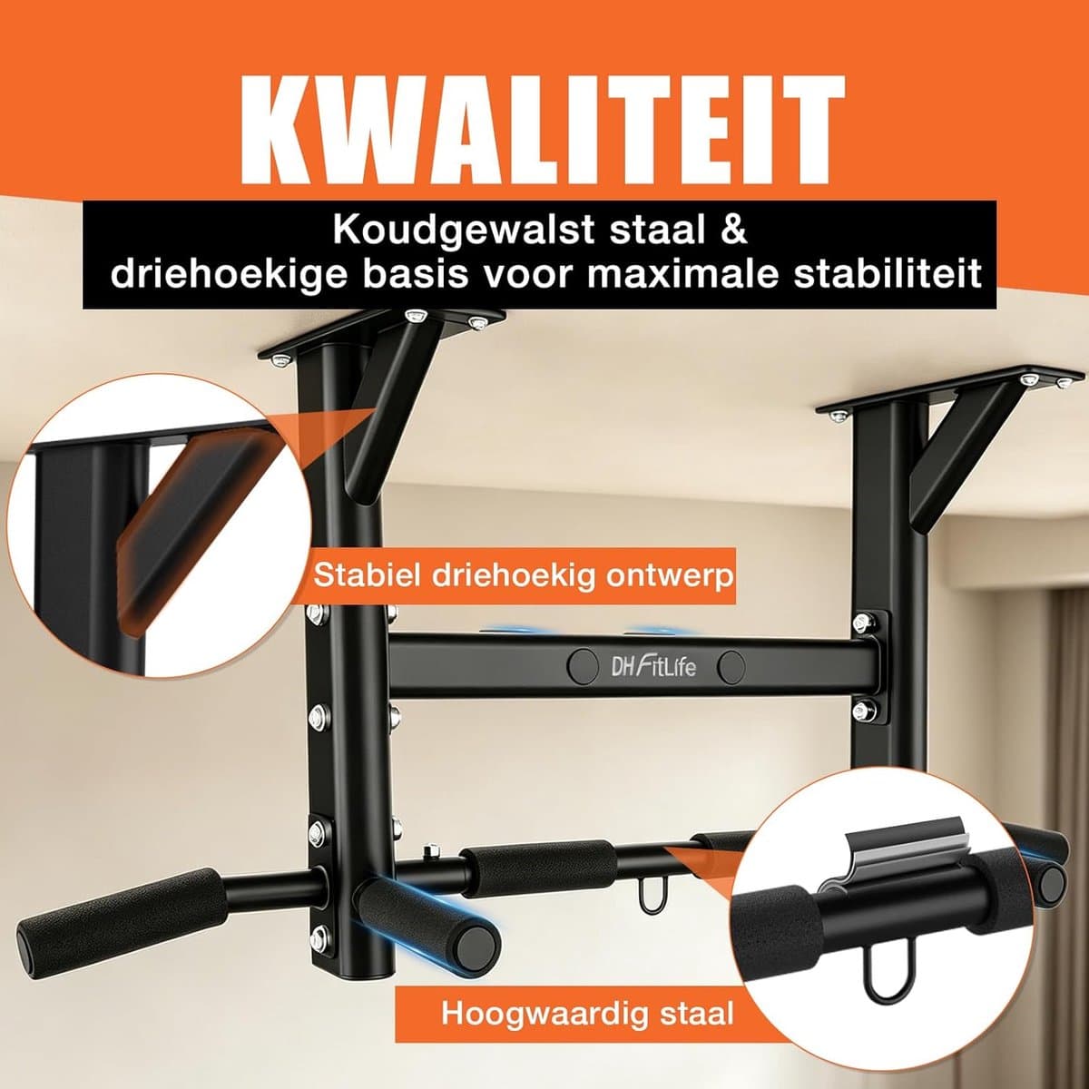 DH FitLife Pull-up Bar - 4-in-1 plafondmontage - Multifunctionele thuis pull-up bar voor krachttraining - 8 antislip handgrepen - 3 oogjes voor bokszak & suspension trainer, stabiel tot 200 kg thumbnail 6